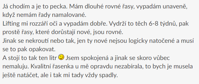 Užívateľka si lash lifting veľmi pochvaľuje